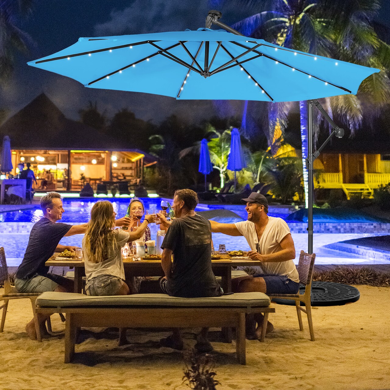 Costway 10FT Cantilever Solar Powered 32LED Lighted Patio Offset Umbrella Outdoor Red\Beige\Coffee\Blue\Navy